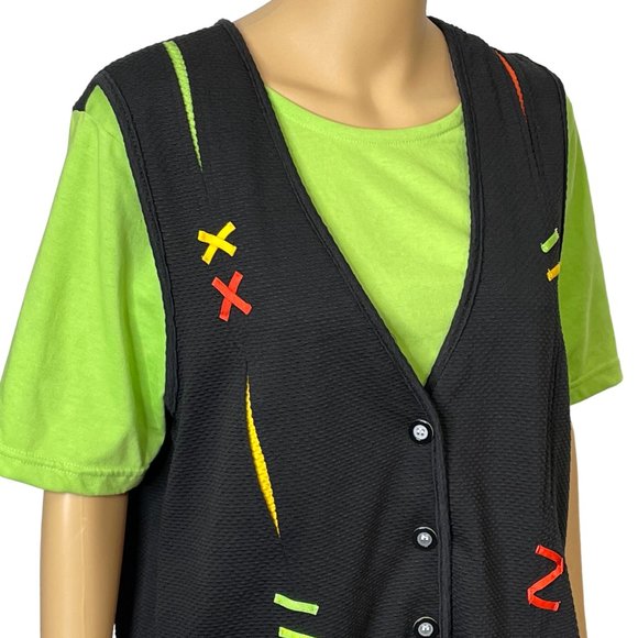 RARE‎ Vintage Blast Petites Women's M PM 1-Piece Green Black Blouse Vest Combo - Picture 4 of 12